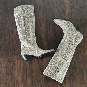 Zara Cream and Brown Heeled Boots with Snakeskin‎ Texture